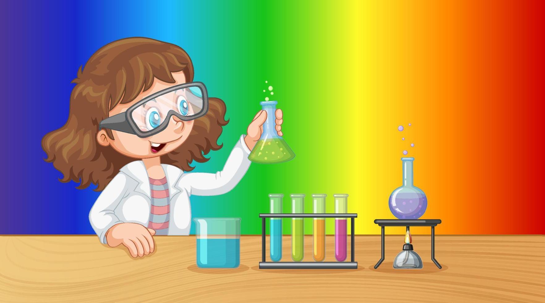 Scientist girl cartoon character on rainbow gradient background vector