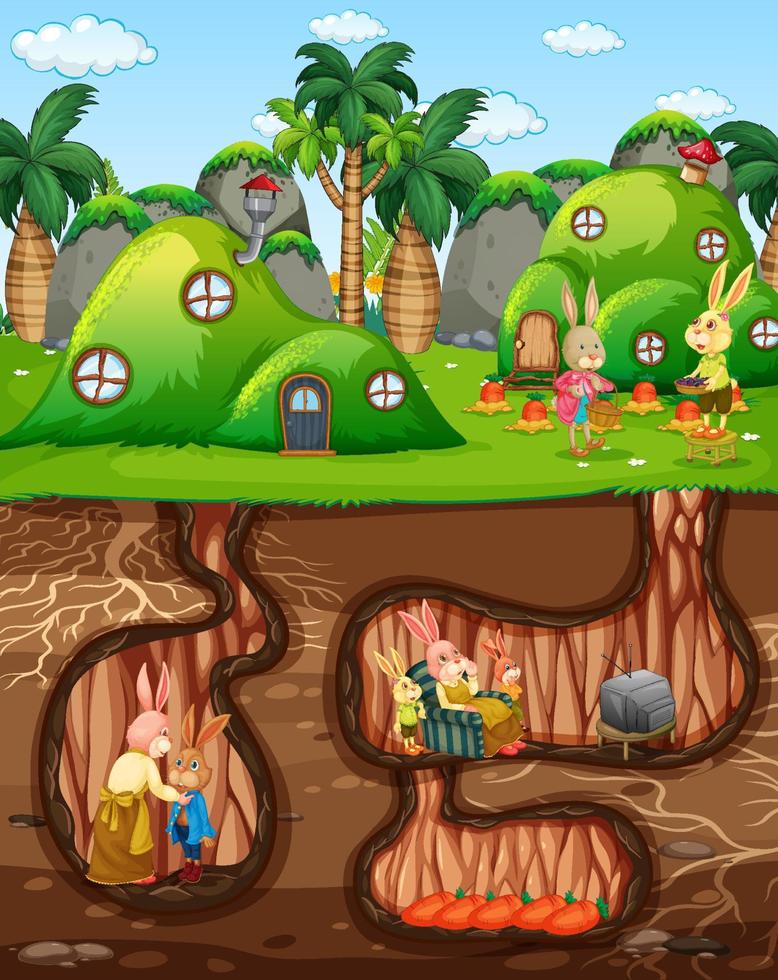 Underground rabbit hole with ground surface of the garden scene vector