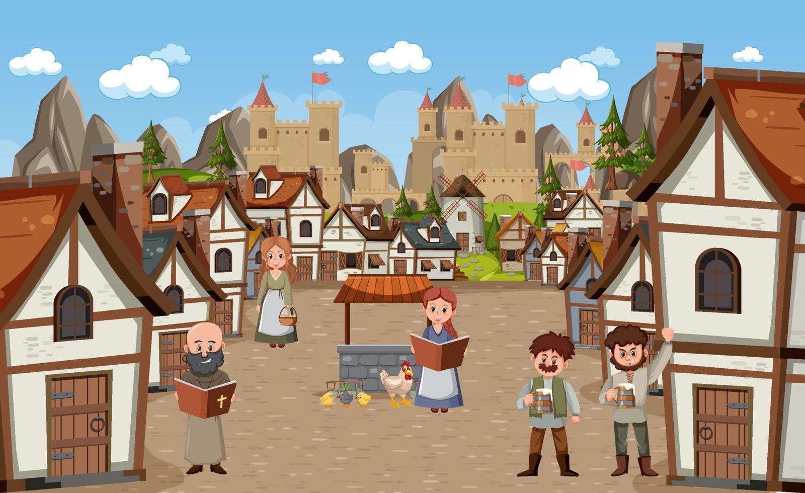 Medieval town scene with villagers vector