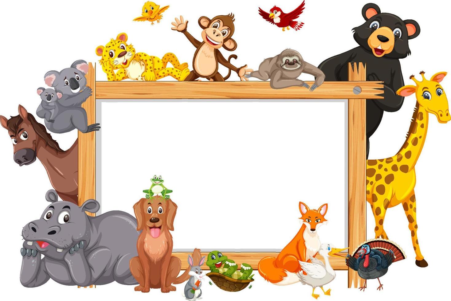 Empty wooden frame with various wild animals vector