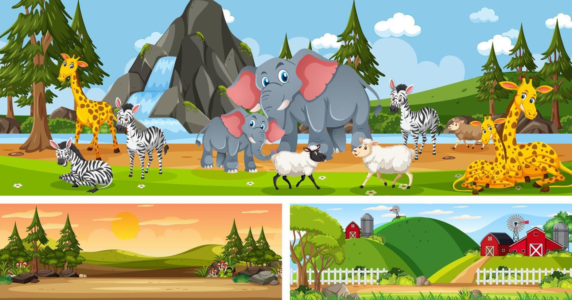 Set of outdoor panoramic landscape with cartoon character vector