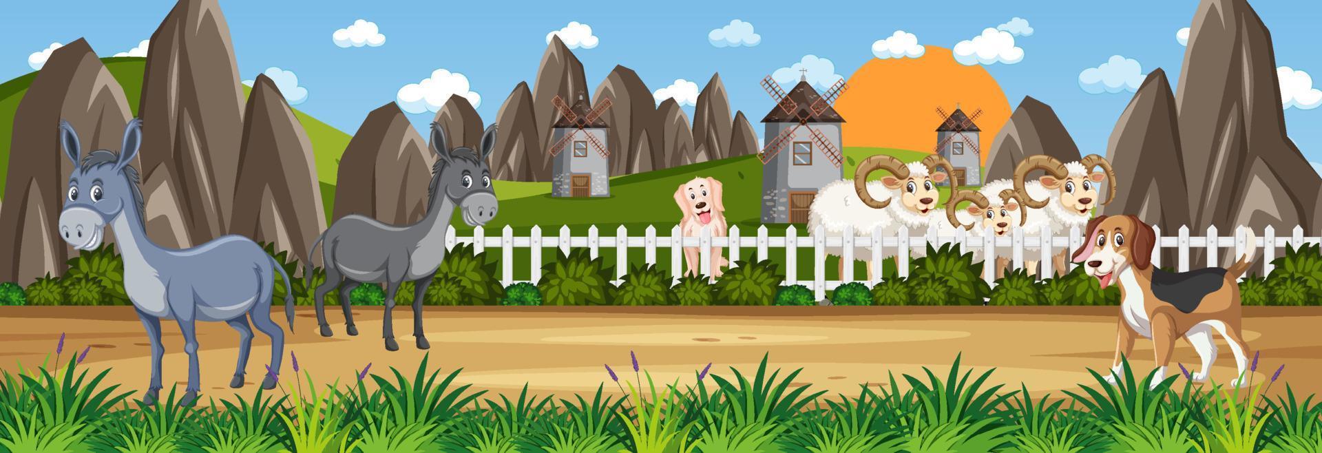 Panorama landscape scene with farm animals in the farm vector