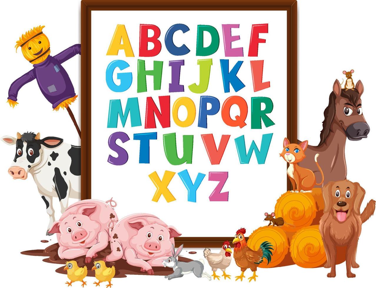 A-Z Alphabet board with farm animals vector