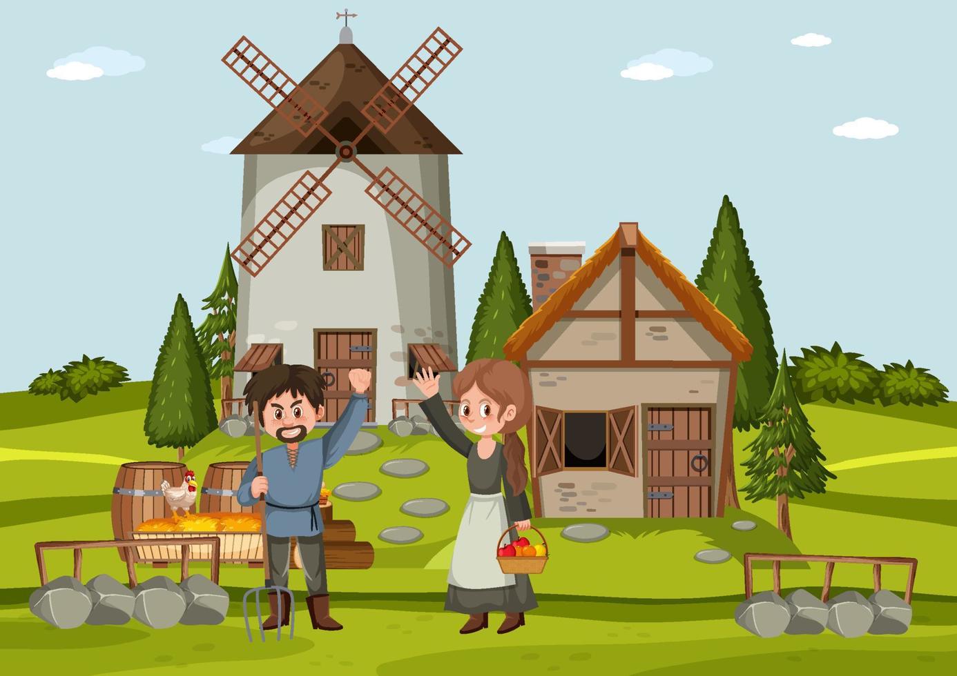 People in front of the medieval house style vector