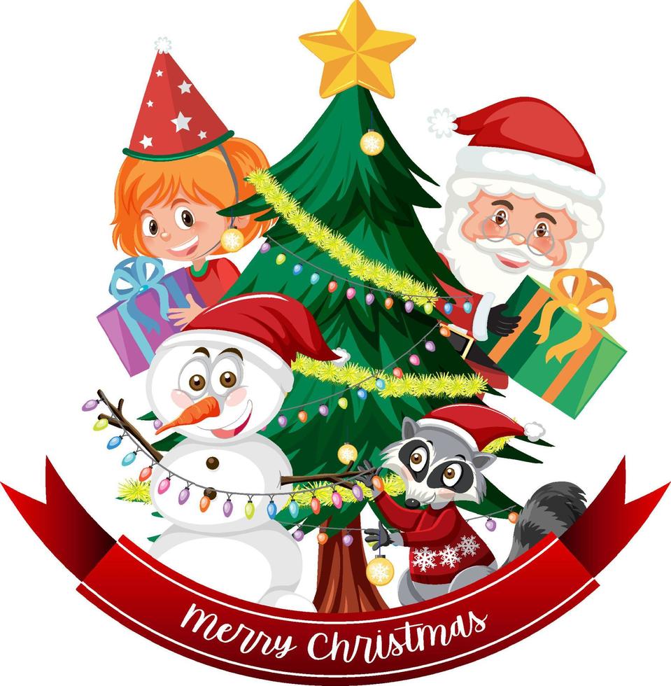 banner de texto de feliz navidad con santa claus y árbol de navidad vector