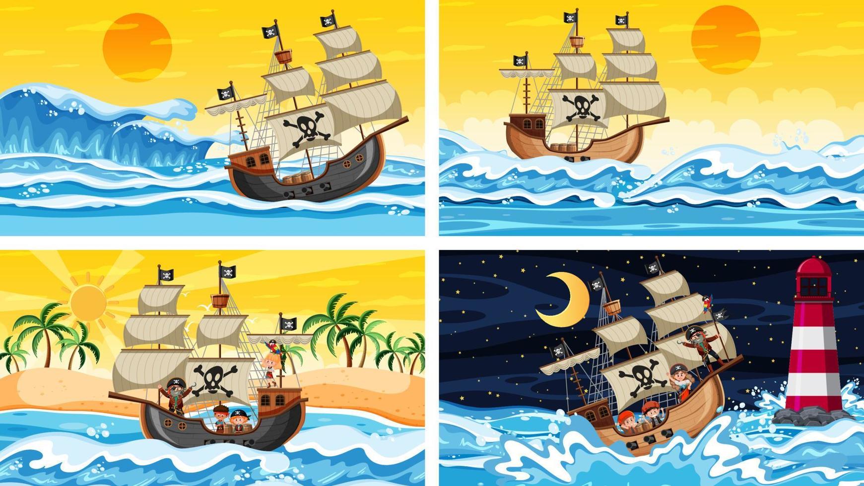 Set of different beach scenes with pirate ship and pirate cartoon character vector