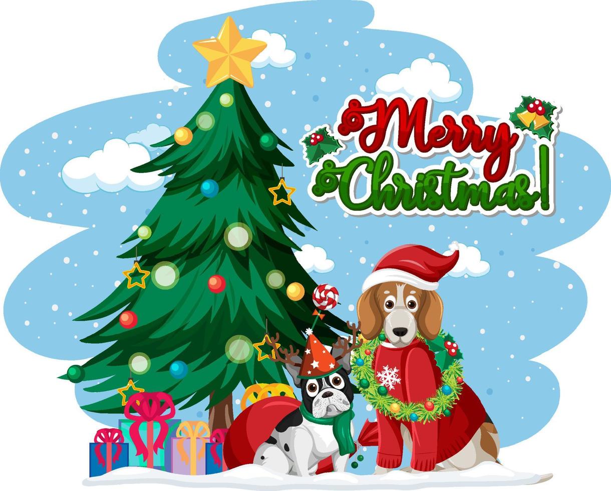 logotipo de texto de feliz navidad con árbol de navidad y perros lindos vector