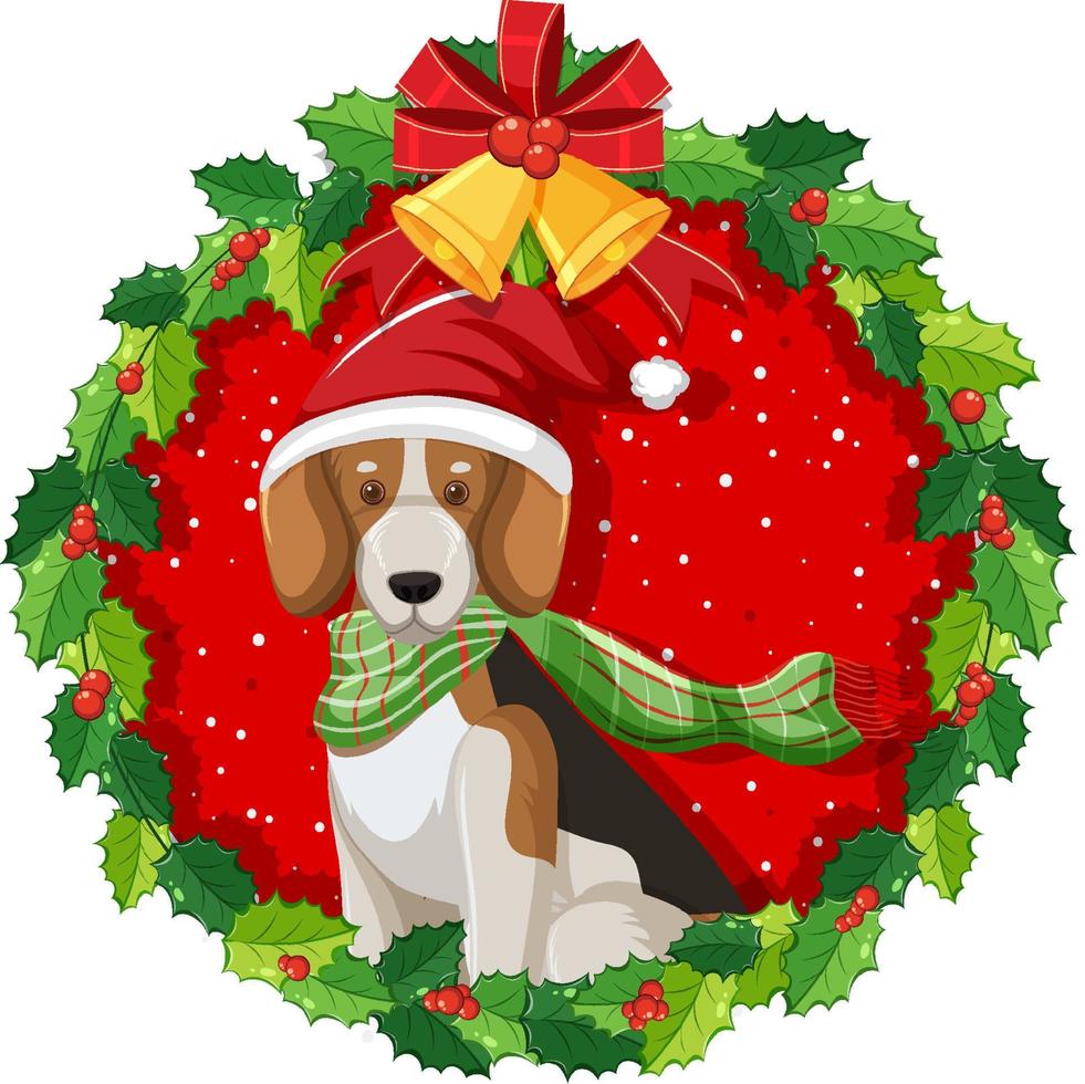 Perro beagle de dibujos animados en corona de Navidad aislado vector