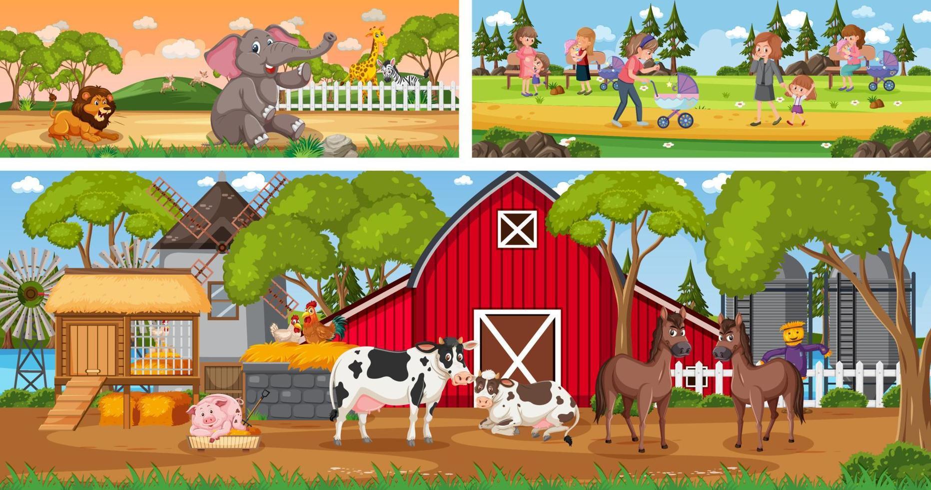 Outdoor panoramic landscape scenes set with cartoon character vector