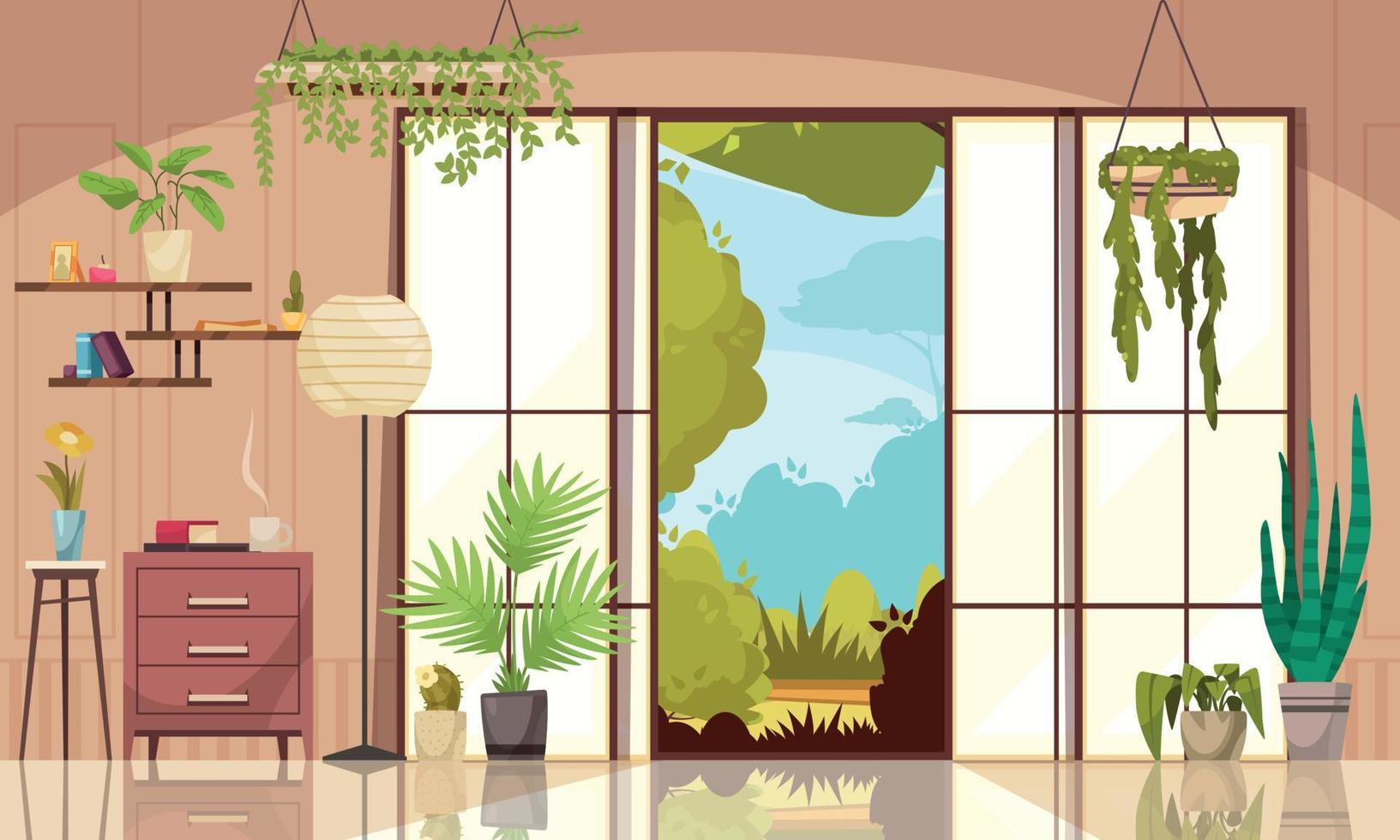 cómoda sala de estar con plantas caseras vector