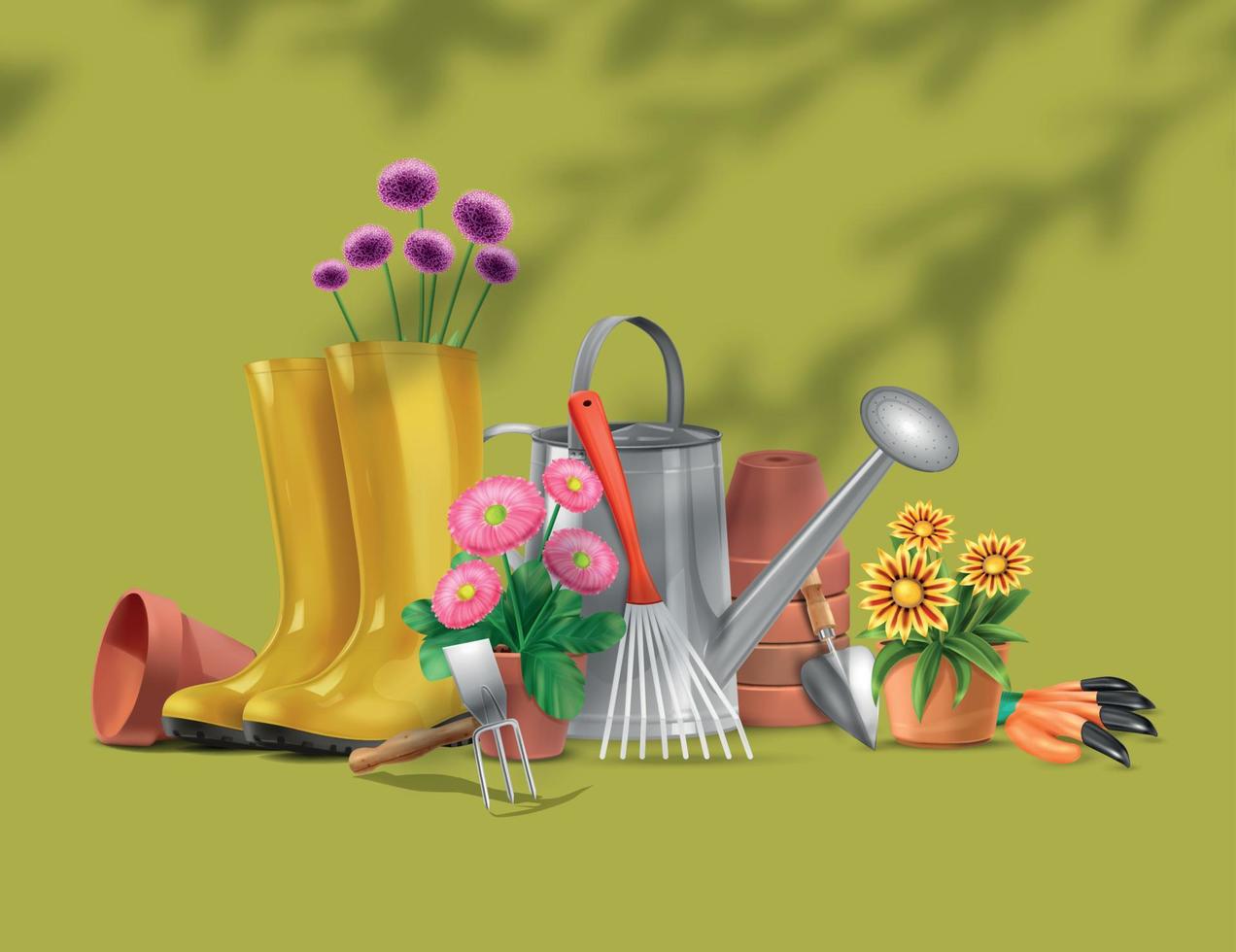 composición realista de herramientas de jardinería vector