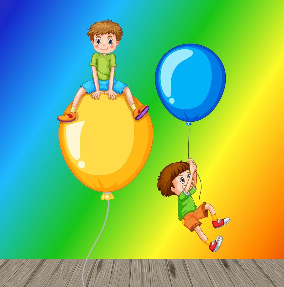 Children playing with balloon on rainbow gradient background vector
