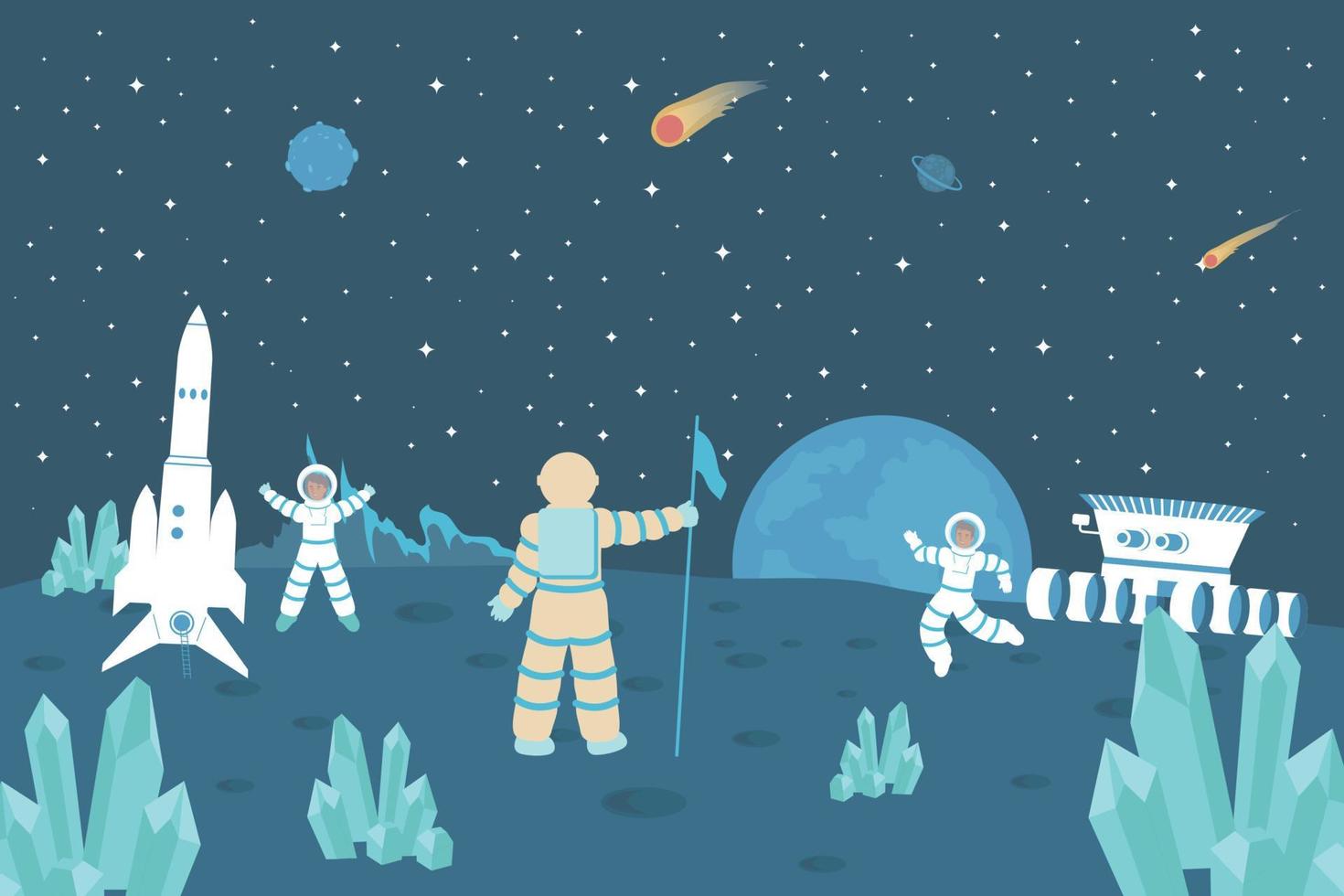 astronauta en el fondo plano de la luna vector