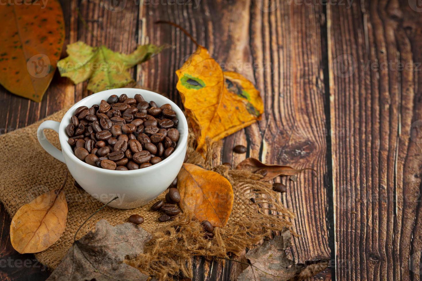 taza de granos de café y hojas secas sobre un piso de madera, hola concepto de septiembre. foto