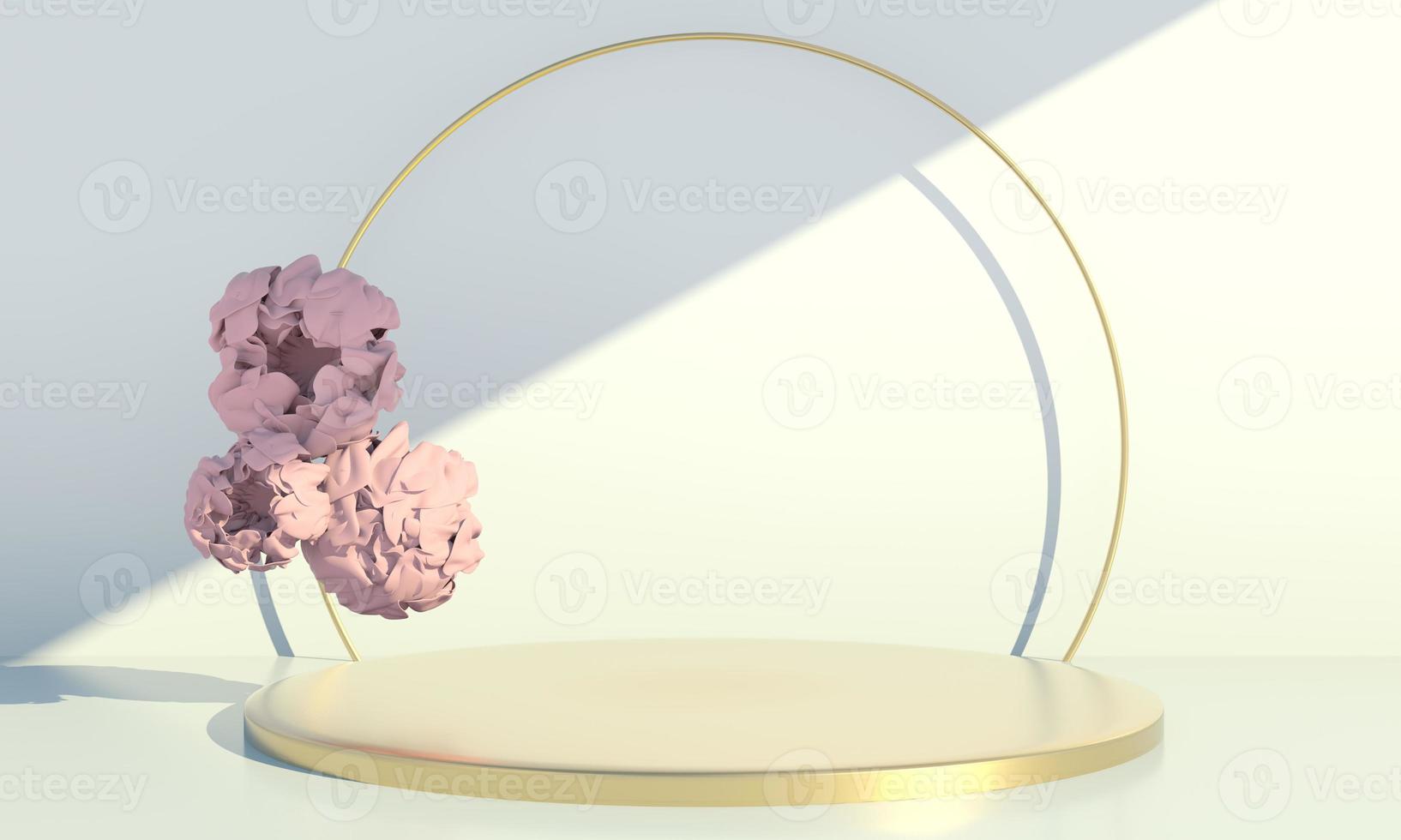 Pedestal for a cosmetics brand with peonies. 3d render. photo