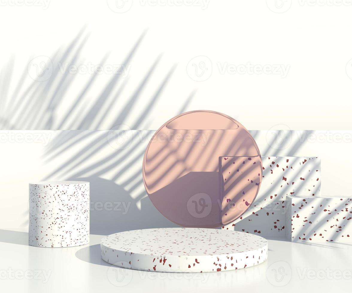 Minimal scene with geometrical forms, podiums in cream background with shadows. Scene to show cosmetic product, Showcase, shopfront, display case. 3d photo