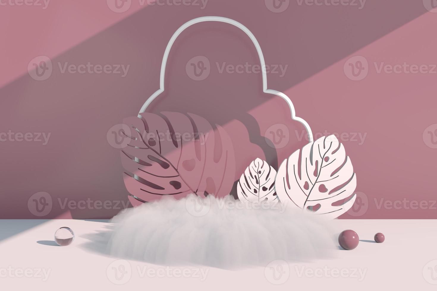 Mockup, podium, display with monstera leaves tropical plant background, 3d render photo
