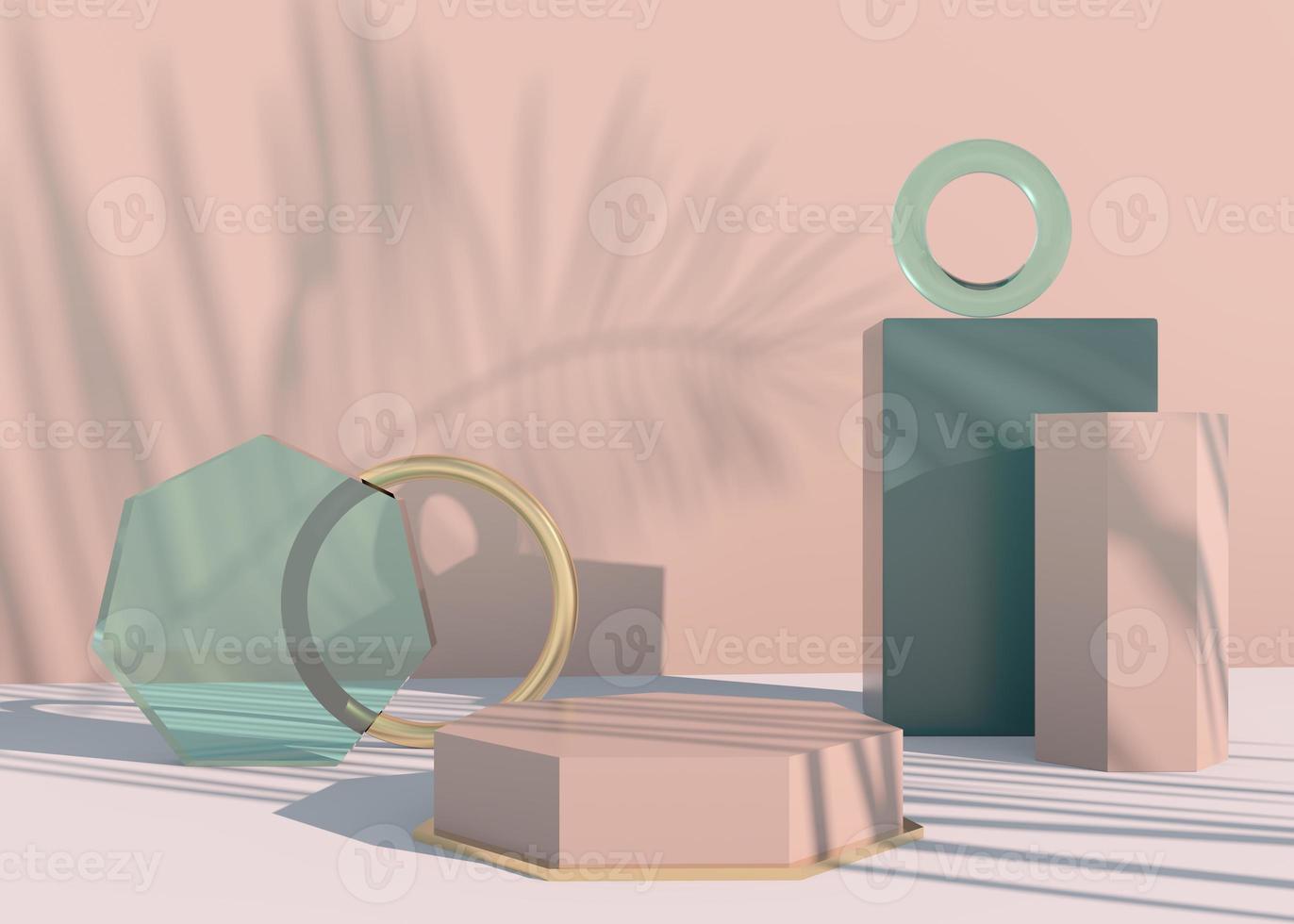 Podium with palm leaves shadows for cosmetic product presentation. Empty showcase pedestal backdrop mock up. 3d render. photo