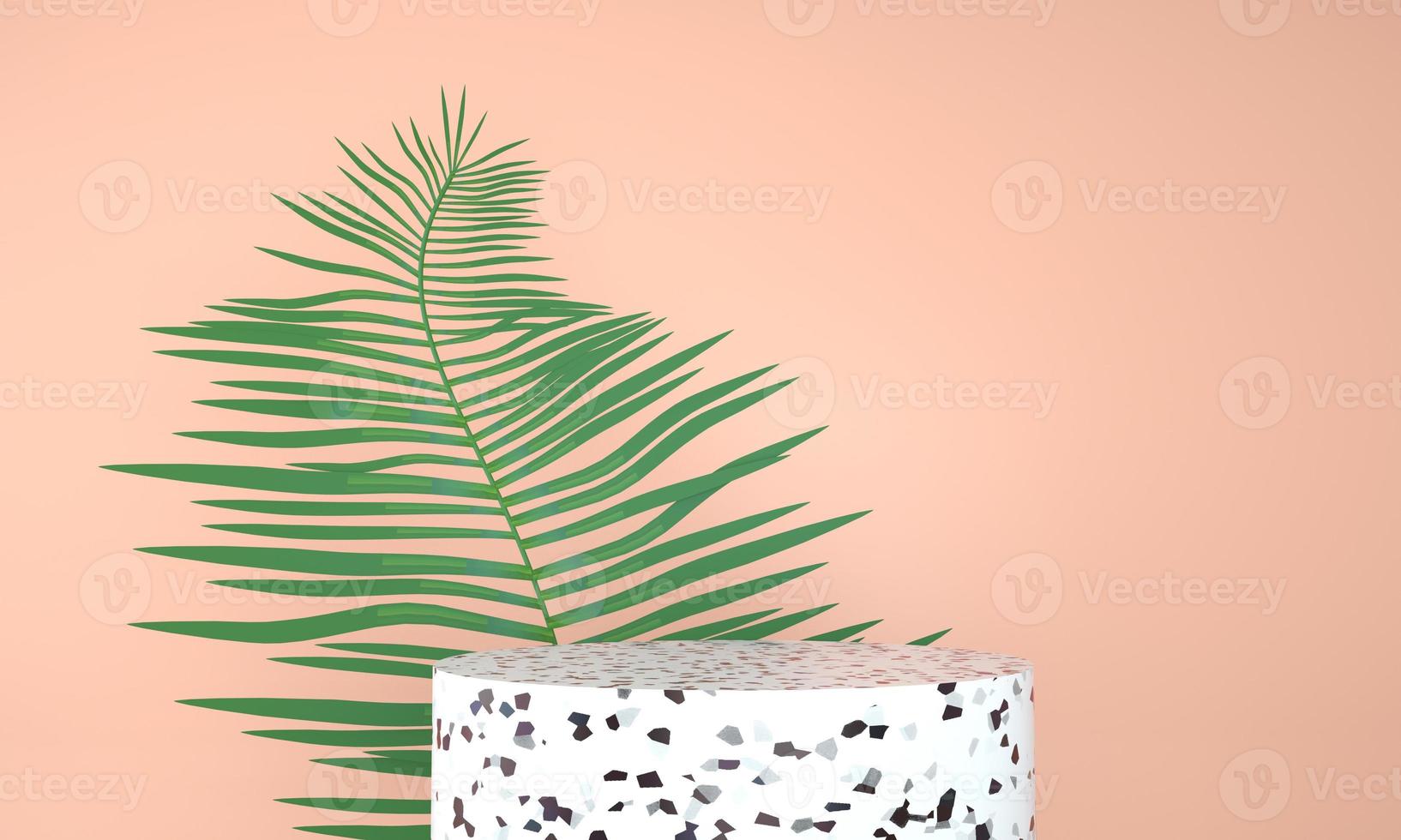 Product display podium decorated with leaves on pastel background, 3d illustration photo
