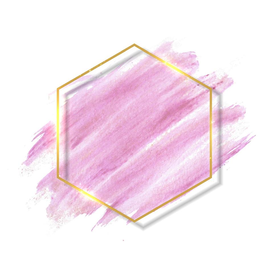 Pastel rose and pink brush paint strokes and gold contour frame. vector