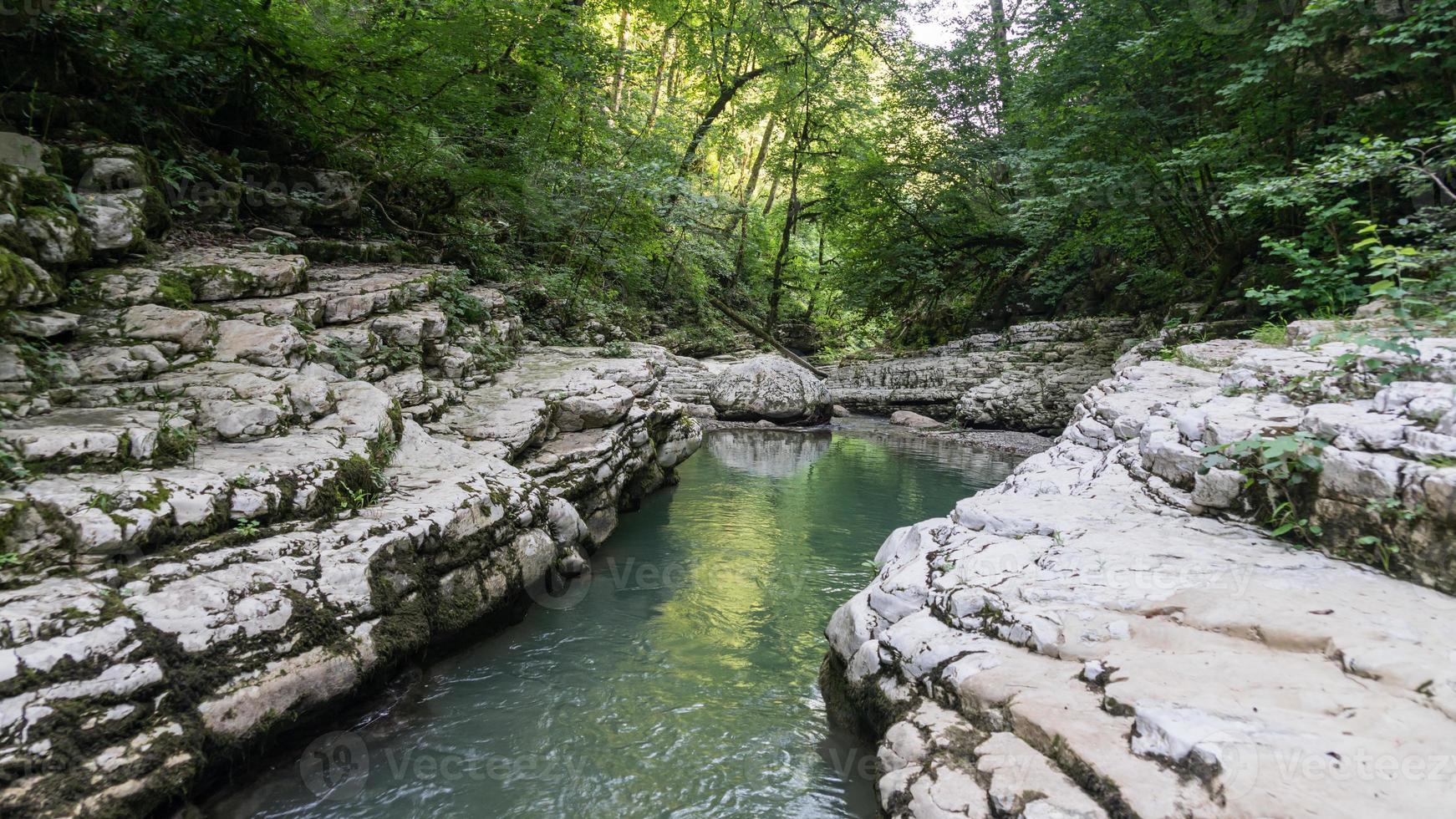 hermoso bosque y río de montaña en el cañón de psakho, krasnodar krai, rusia. foto