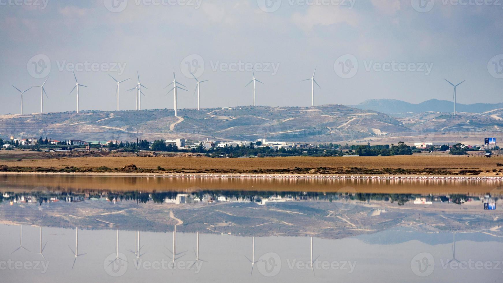 Larnaca salt lake with windmills on background, Cyprus. photo