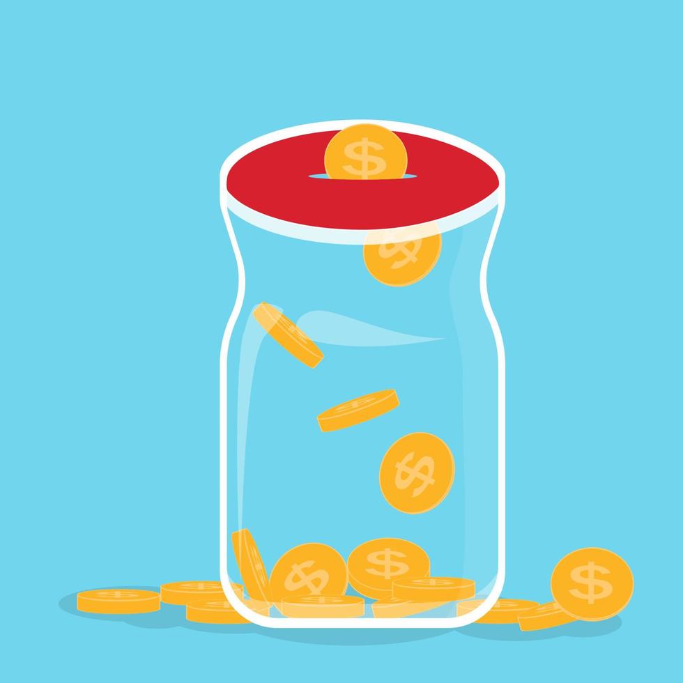Glass bank with falling gold coins Contribution to the Future. vector