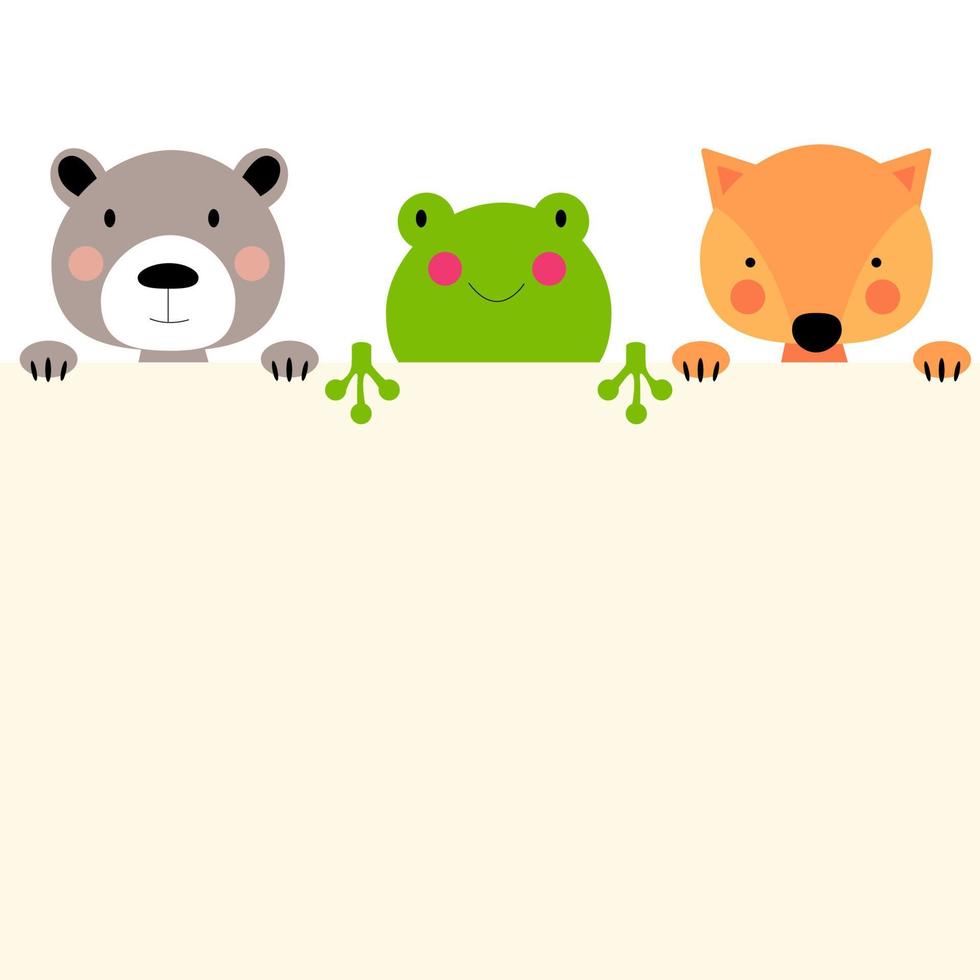 Cute animal frog, bear and fox with empty place for text. vector