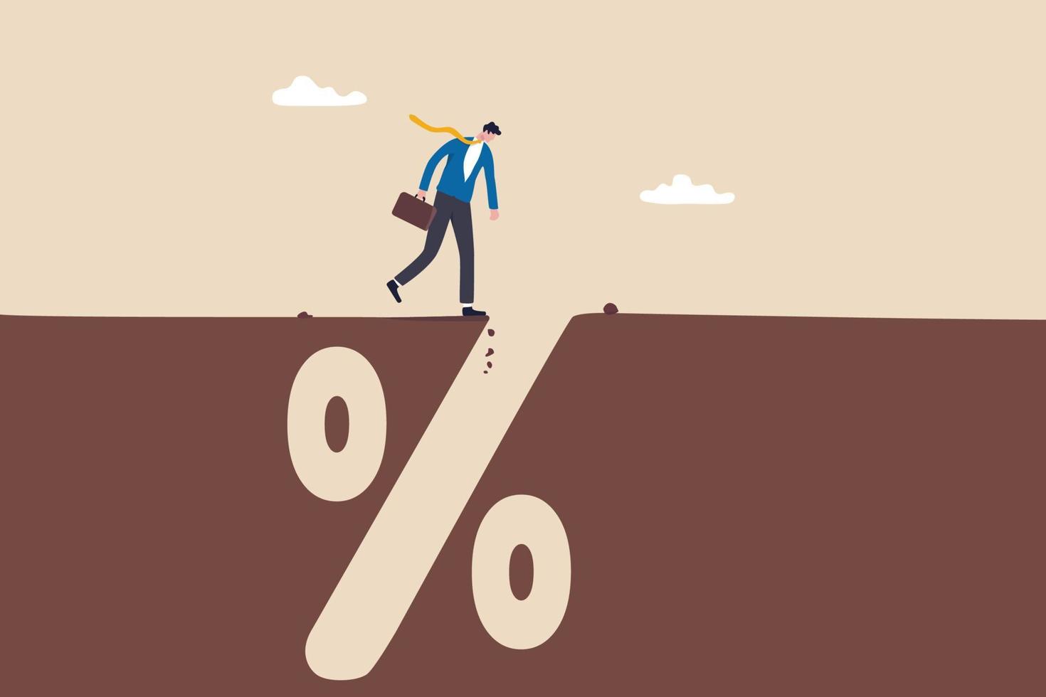 Financial pitfall, mistake or failure, mortgage, loan or debt trap or risk management, investment profit and loss concept, careful businessman looking into deep hole of banking percentage sign pit. vector