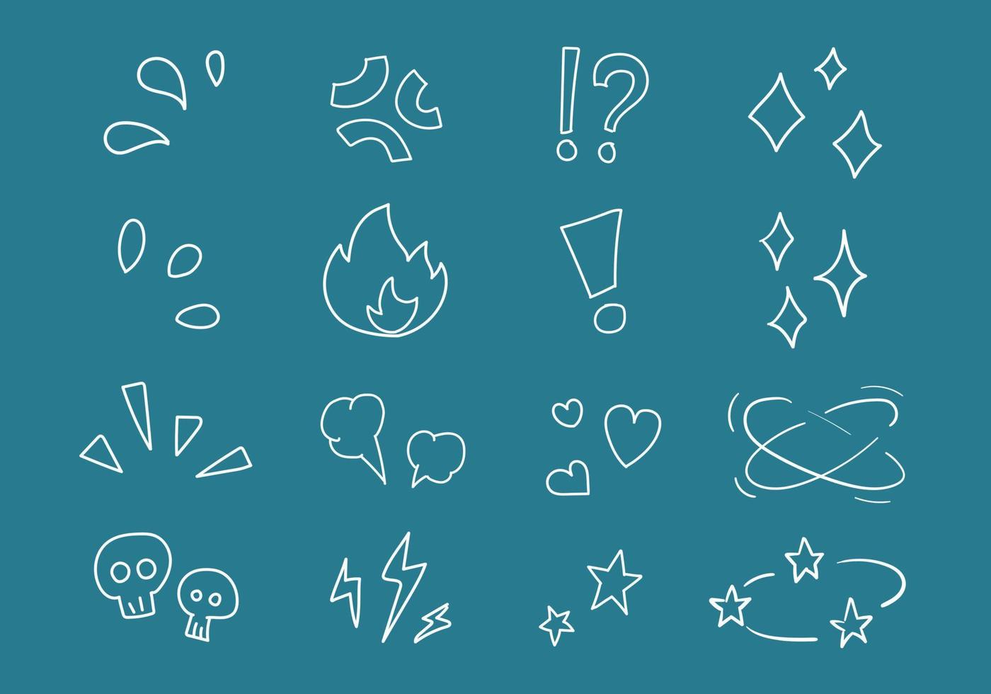 Vector collection of hand drawn cartoon emotion expression symbol doodle line on blue-cyan background.