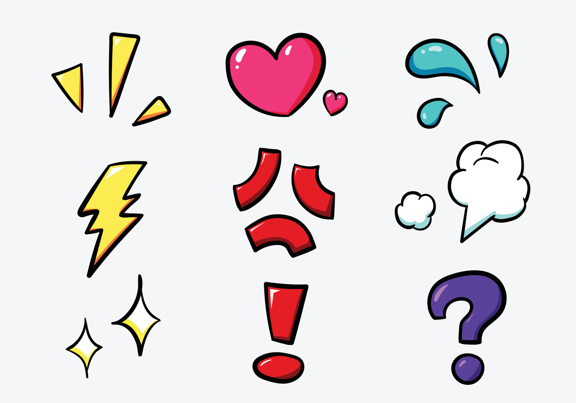 Vector collection of hand drawn colorful cartoon emotion expression sign effects such as