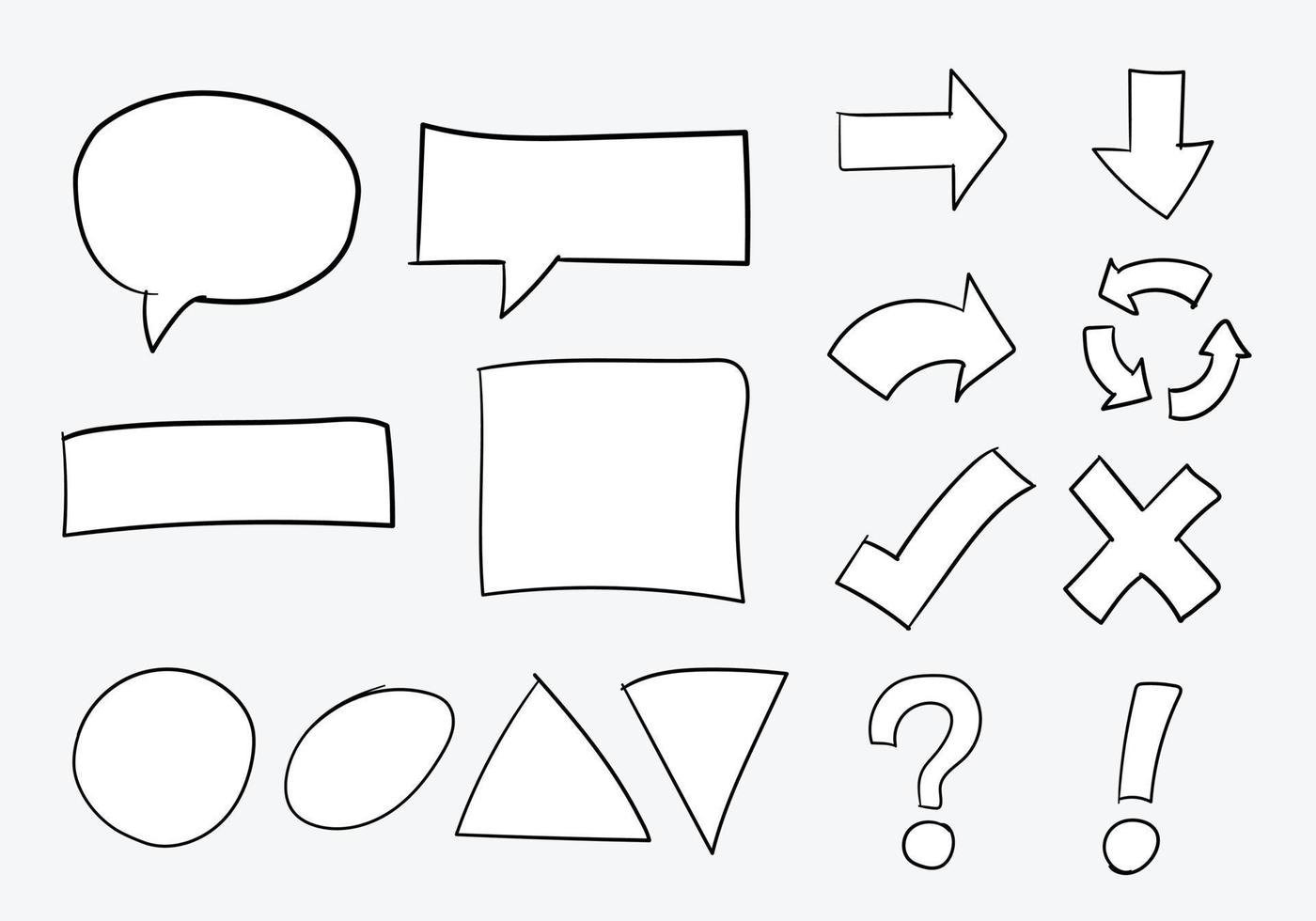 Hand drawn vector of various shape such as speech bubbles, directional arrows and more.