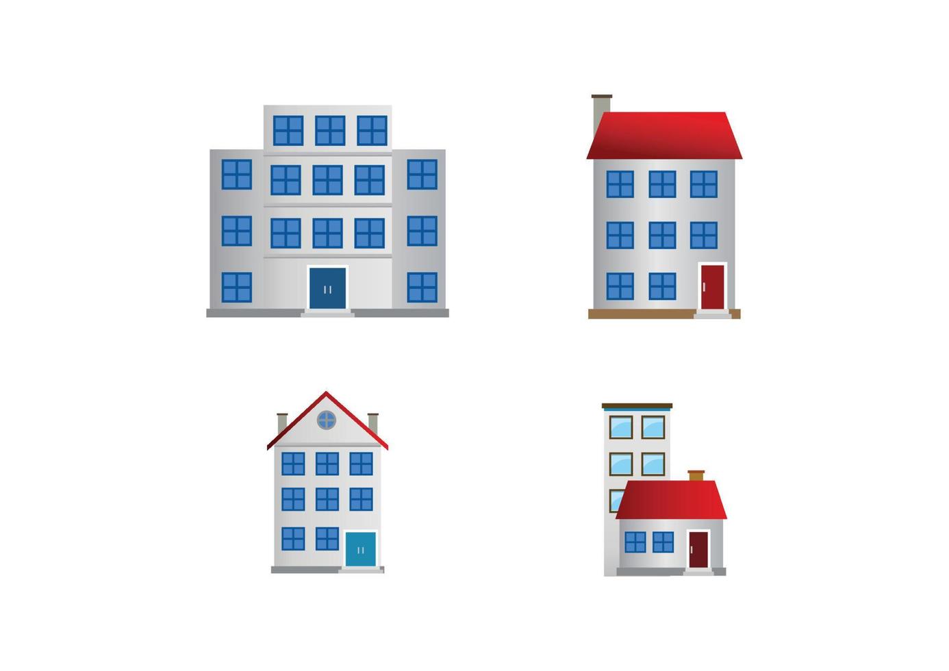 Four Illustration Of Family House Building, Work Office And Vector Building In Perspective View With Green Trees In Cartoon Style. Family Homes, Work Offices and Buildings