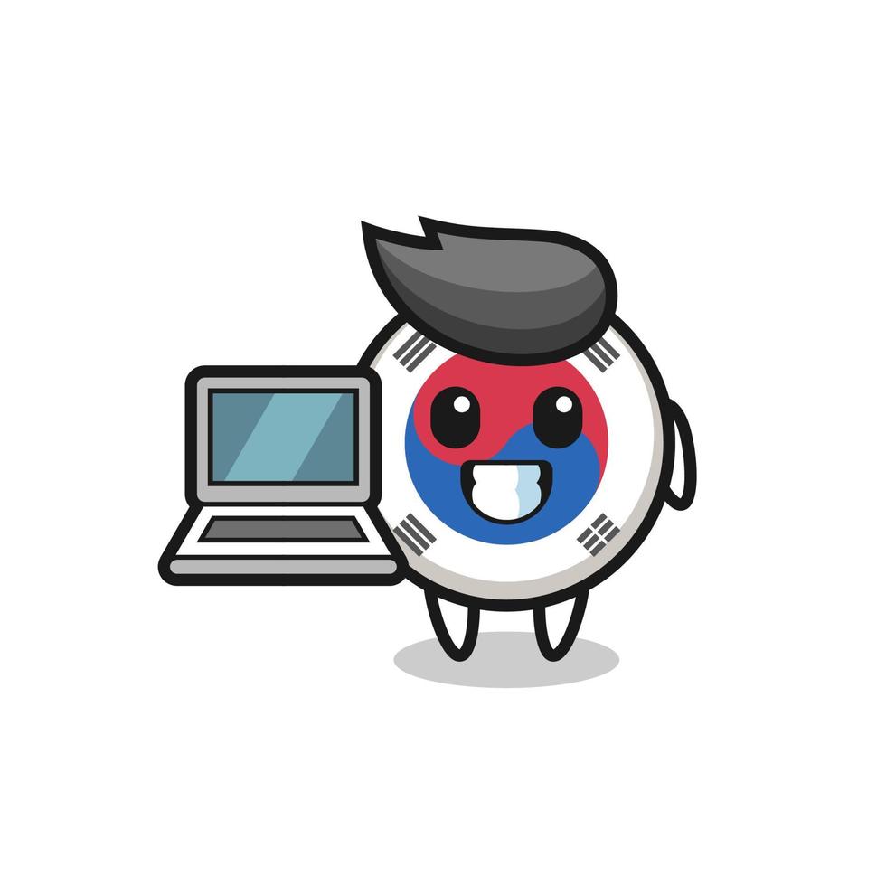 Ilustración de mascota de la bandera de Corea del Sur con una computadora portátil vector