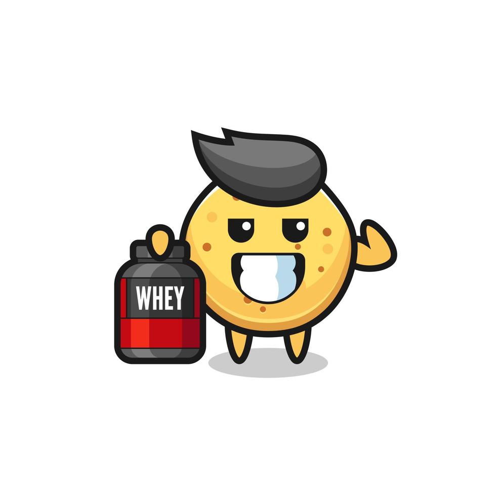 the muscular potato chip character is holding a protein supplement vector