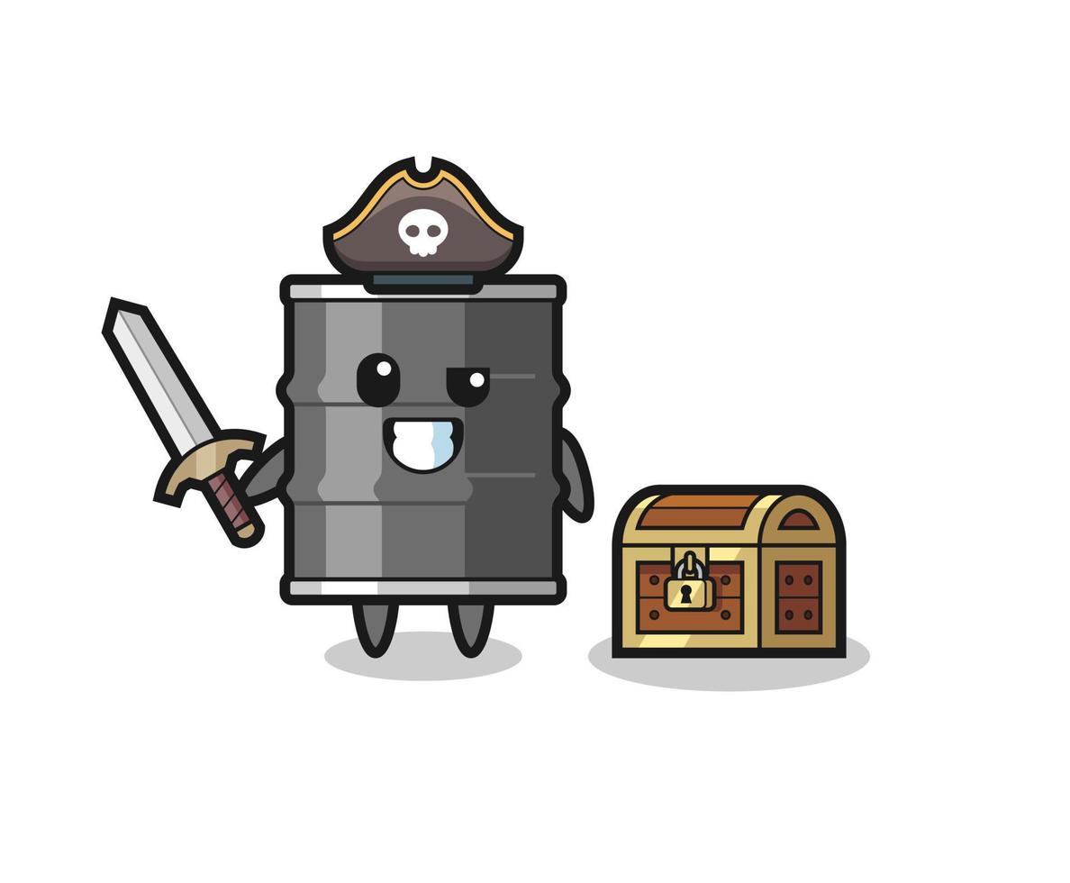 el personaje pirata del tambor de aceite sosteniendo la espada al lado de un cofre del tesoro vector