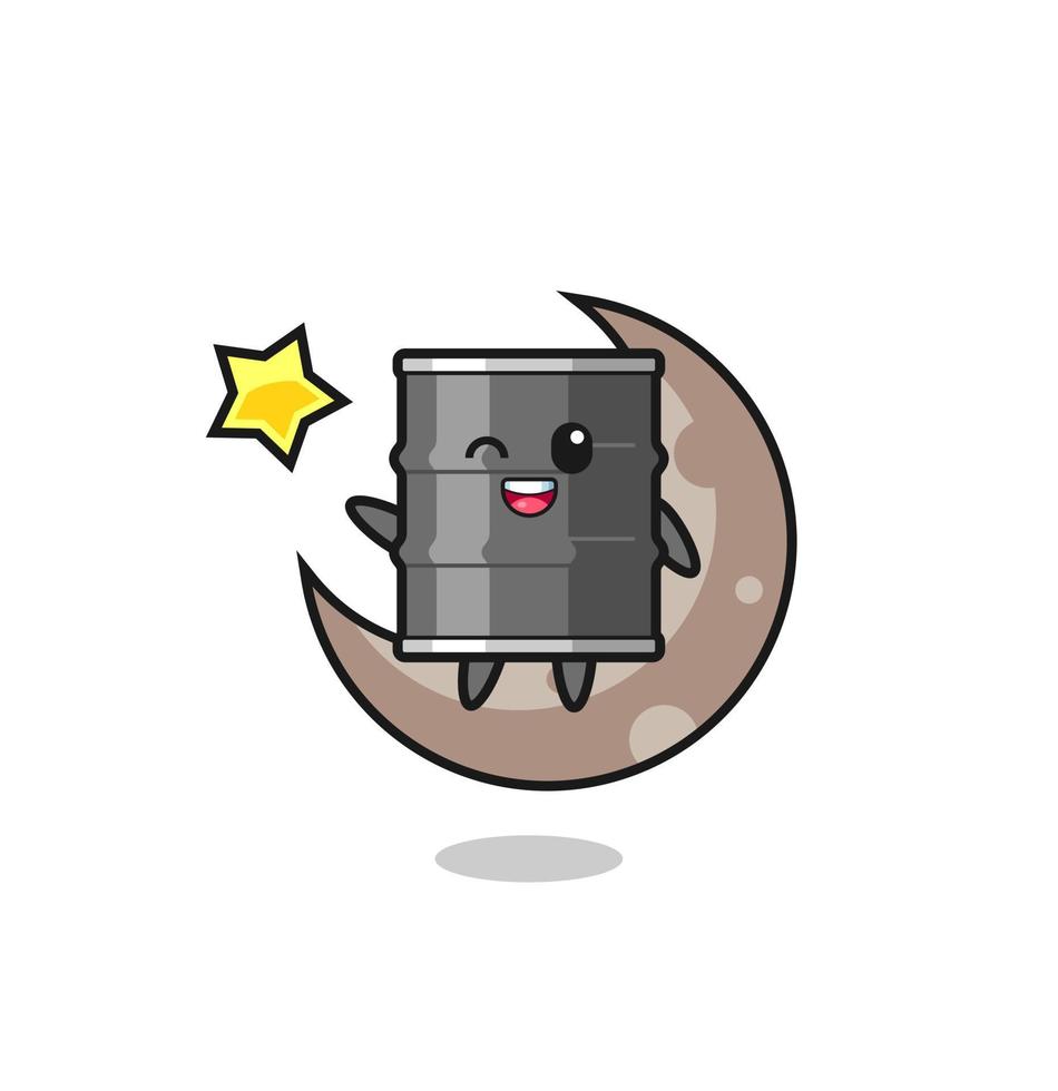 illustration of oil drum cartoon sitting on the half moon vector