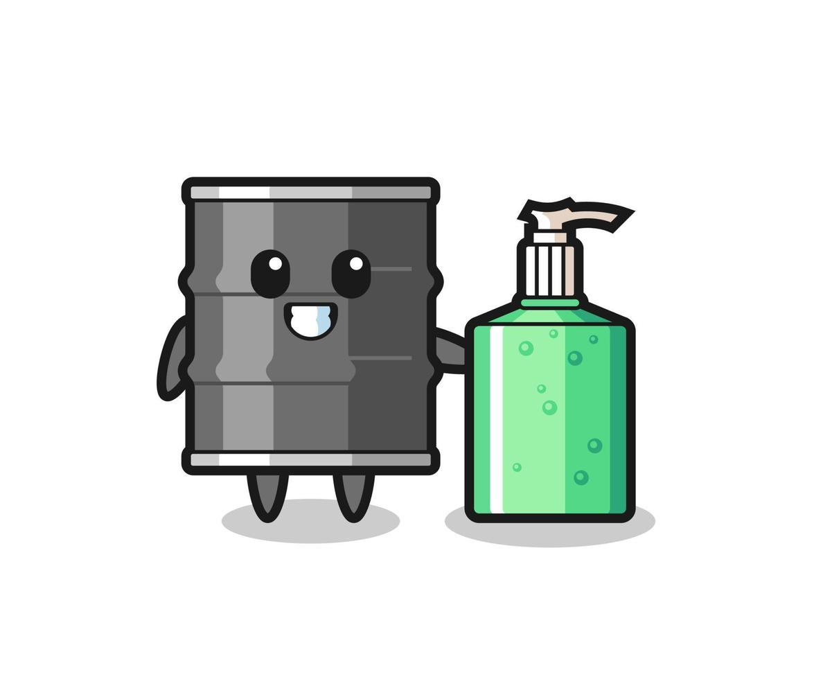 cute oil drum cartoon with hand sanitizer vector