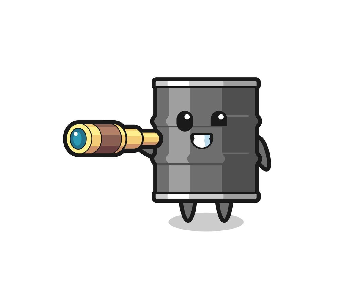 cute oil drum character is holding an old telescope vector