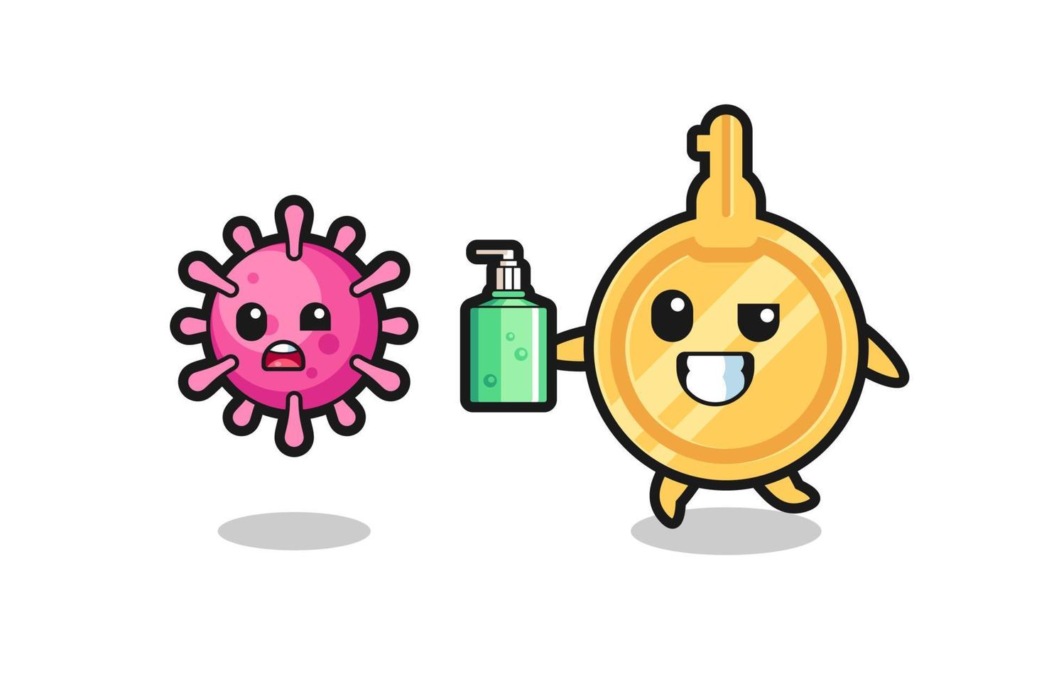 Ilustración de personaje clave persiguiendo virus maligno con desinfectante de manos vector