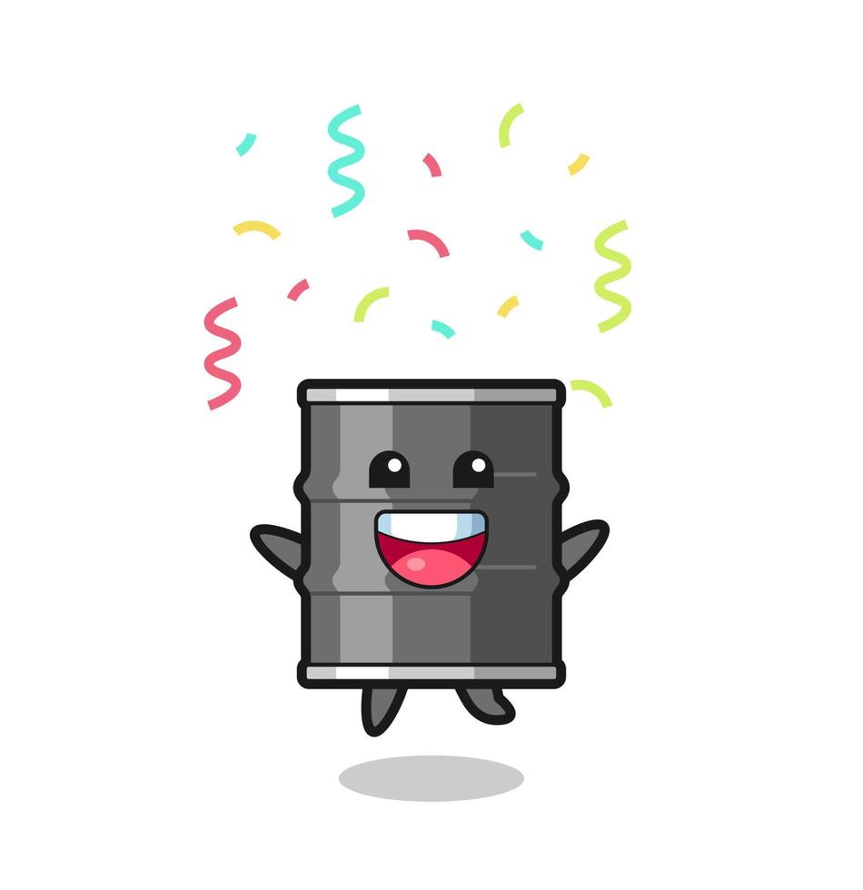 happy oil drum mascot jumping for congratulation with colour confetti vector