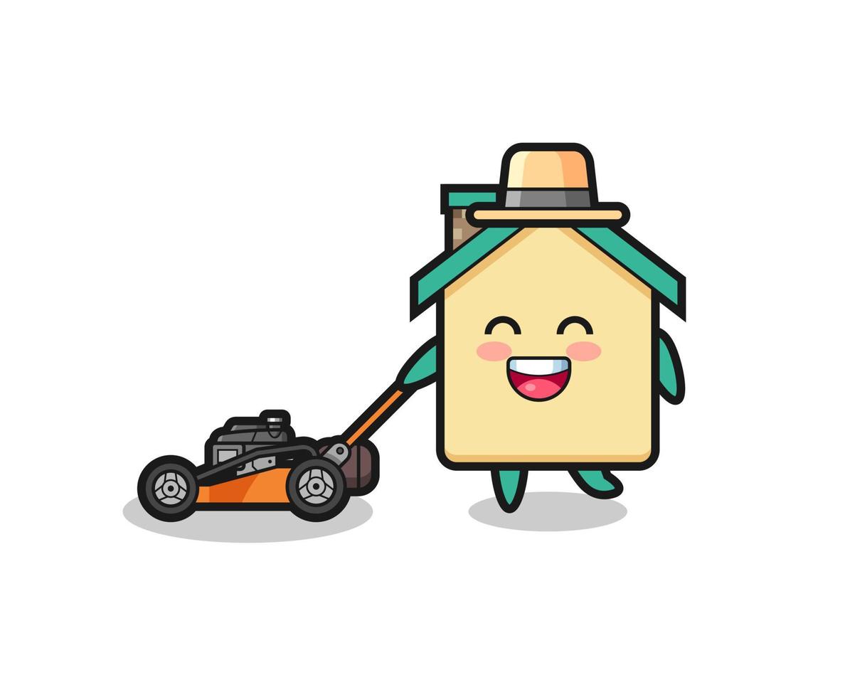 Ilustración del personaje de la casa con cortadora de césped. vector