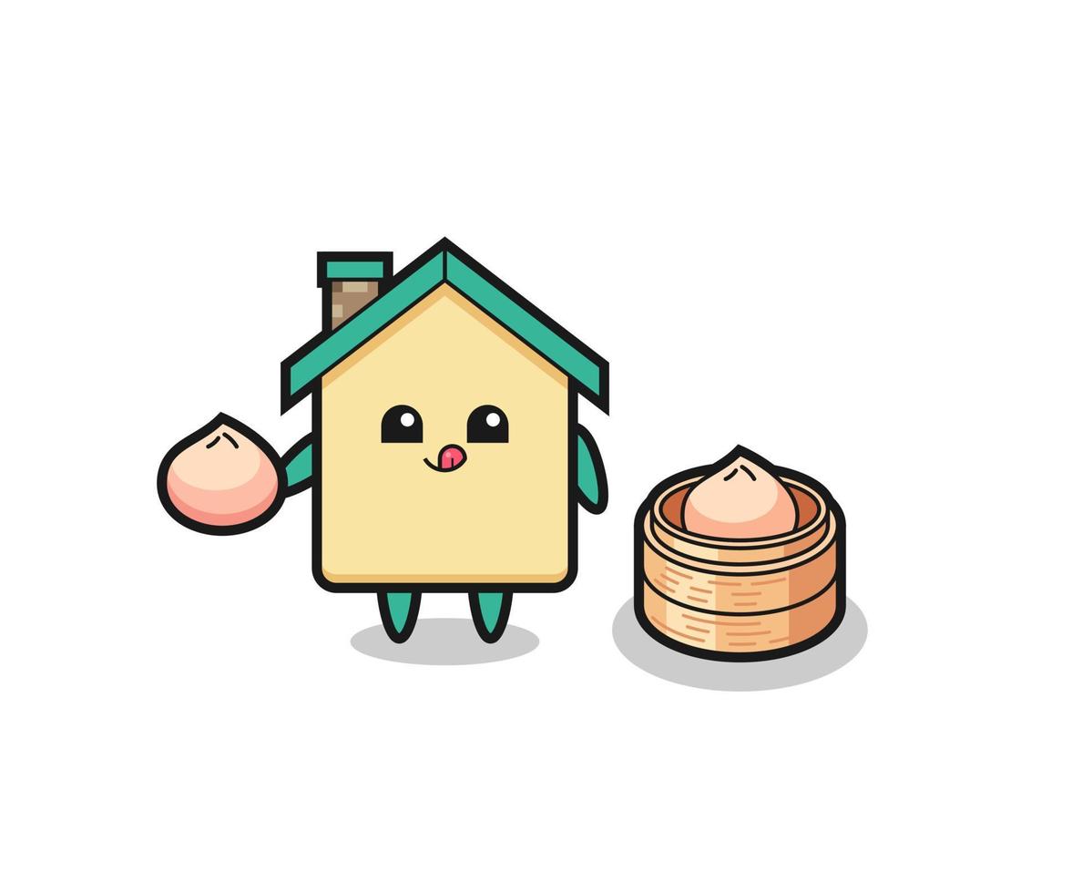 cute house character eating steamed buns vector