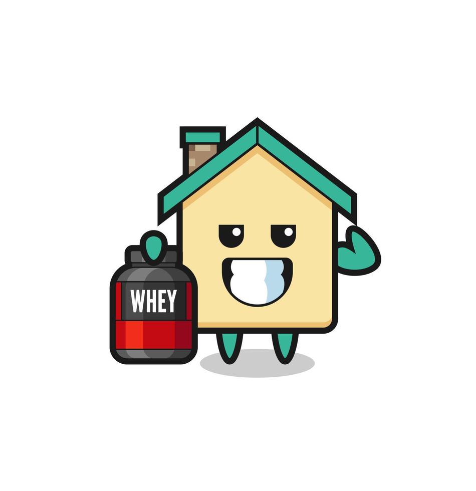 the muscular house character is holding a protein supplement vector