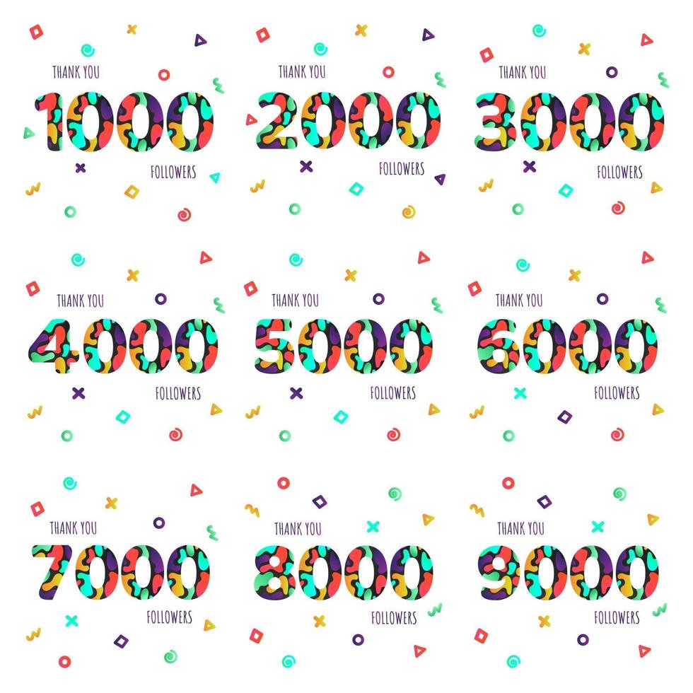 Thank you 1-9k followers numbers postcard set. Congratulating gradient flat style gradient thanks image vector illustration isolated  white background. Template for internet media and social network.