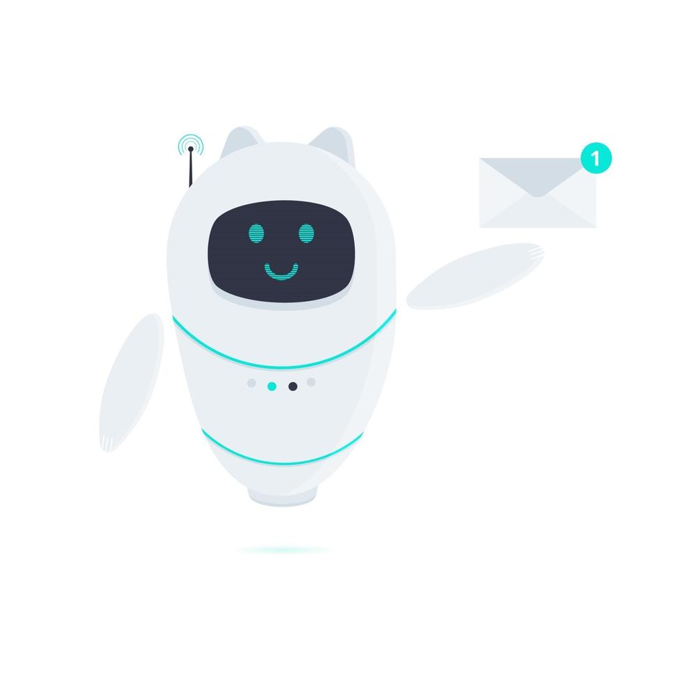 Robot chatbot icon sign flat style design vector illustration isolated on white background. Cute AI bot helper mascot character with new message letter envelope symbol business assistant.