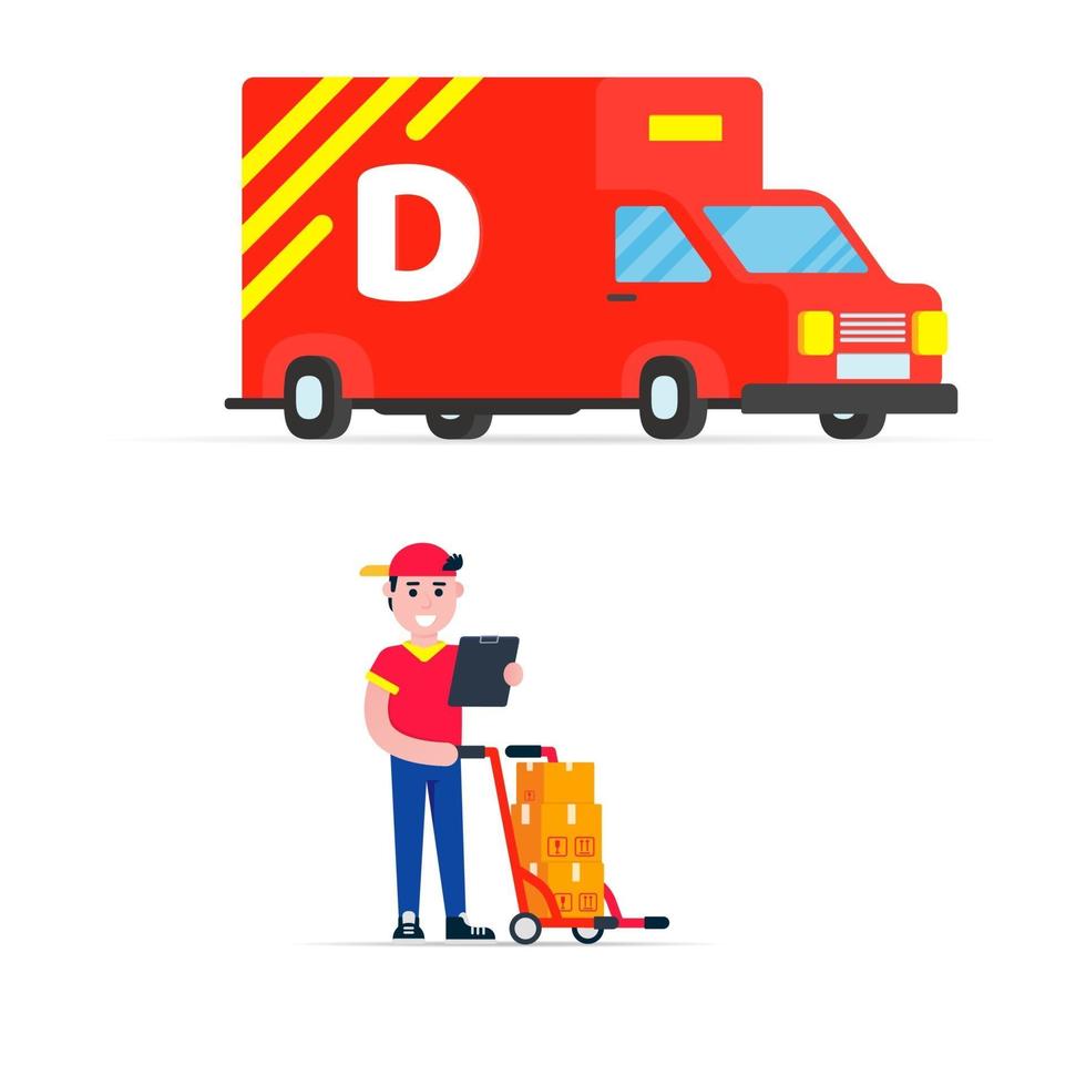 Delivery car and boy with boxes. vector