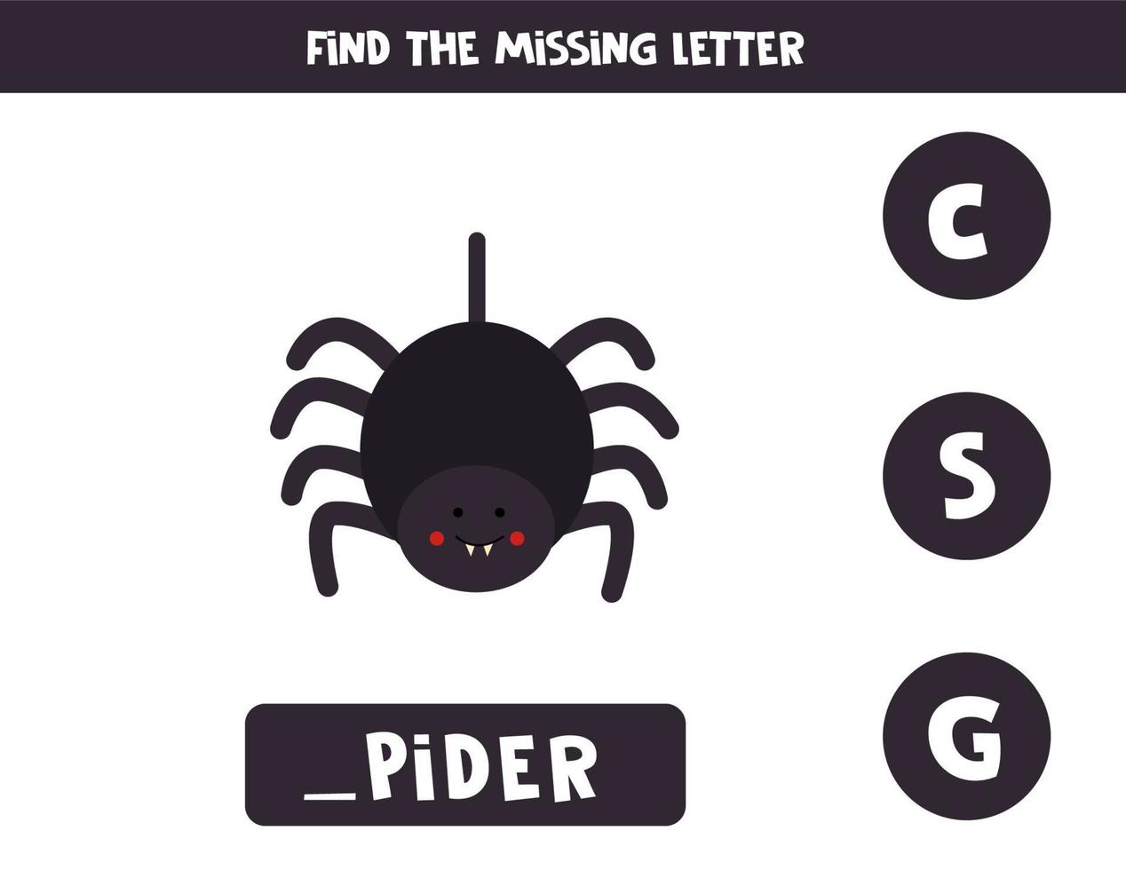 Find missing letter with cute black spider. Spelling worksheet. vector