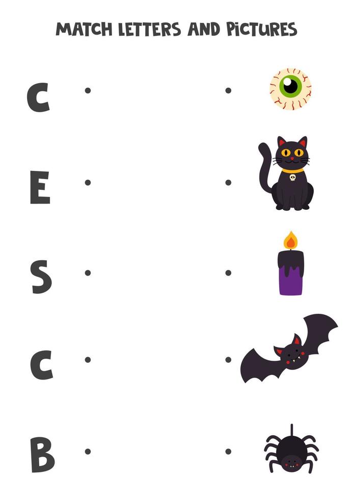 Combina elementos y letras de halloween. juego de lógica educativo para niños. hoja de trabajo de vocabulario. vector