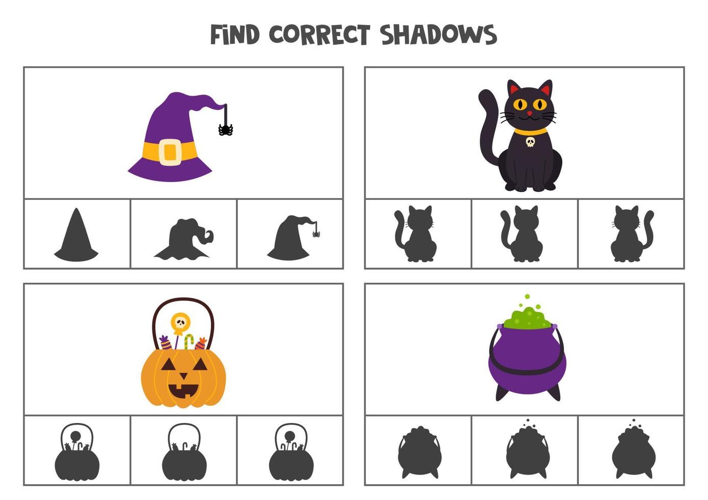 Find correct shadow of Halloween pictures. Printable clip card games for children. vector